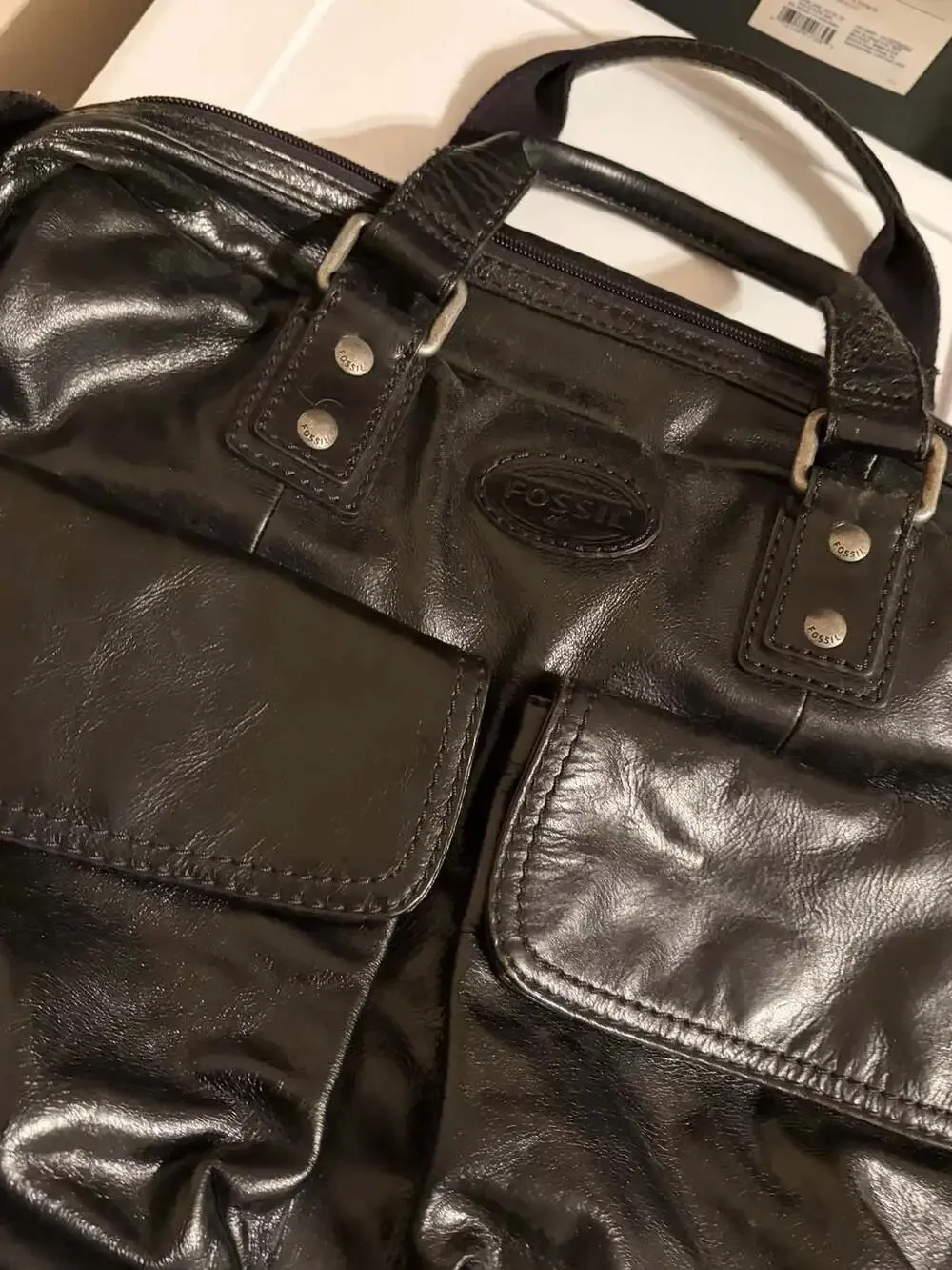 Fossil Vintage Black Leather Multi-Pocket Work Briefcase Messenger Bag